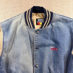 VINTAGE Team Varsity Collegiate Style Denim Jacket Khaki Sleeve XL Made N USA